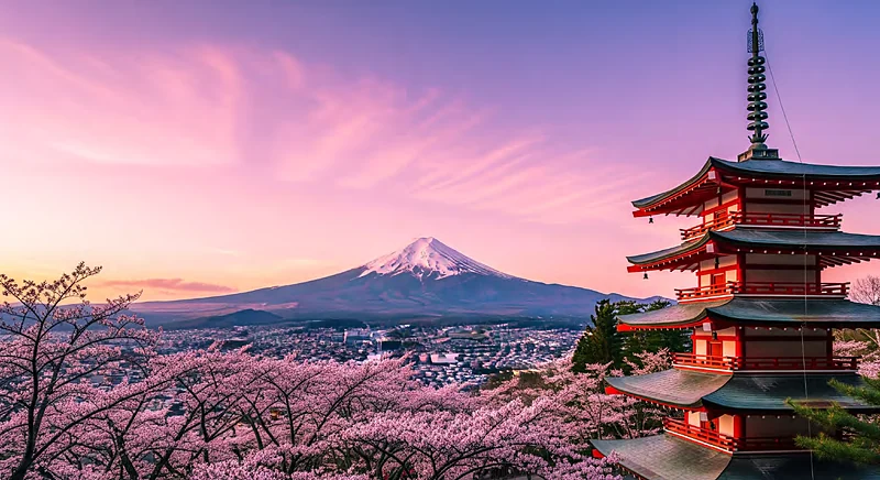 El monte Fuji y la pagoda Chureito en temporada de cerezos